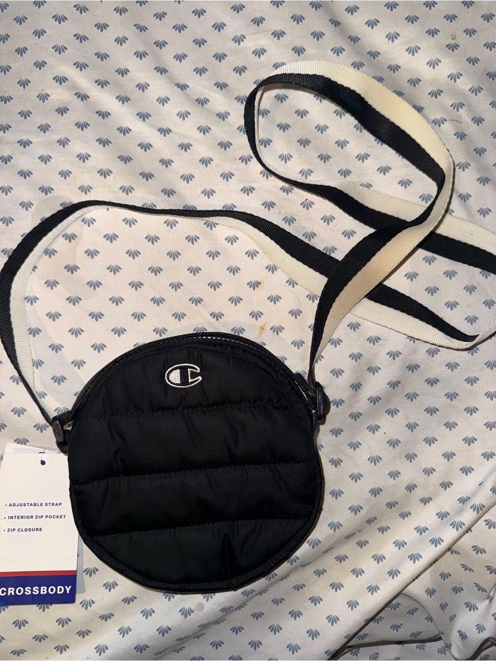 Champion Black Quilted Round Crossbody with Black-and-Cream Strap